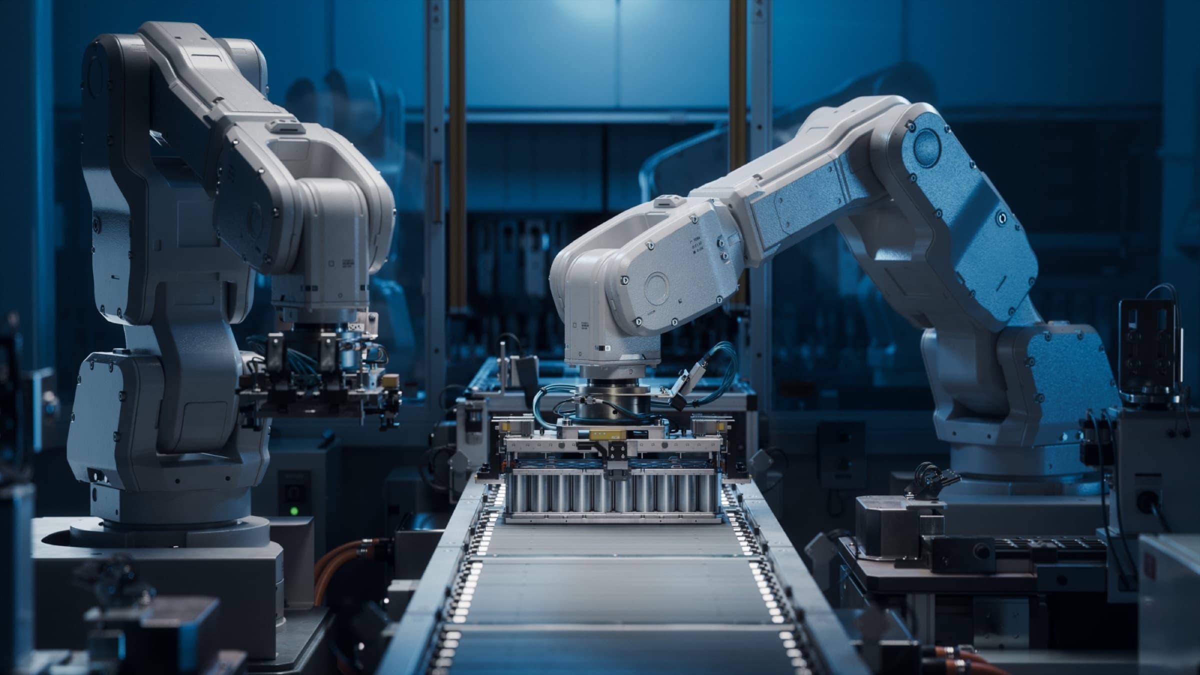 Robotic arms assembling battery modules on an automated production line