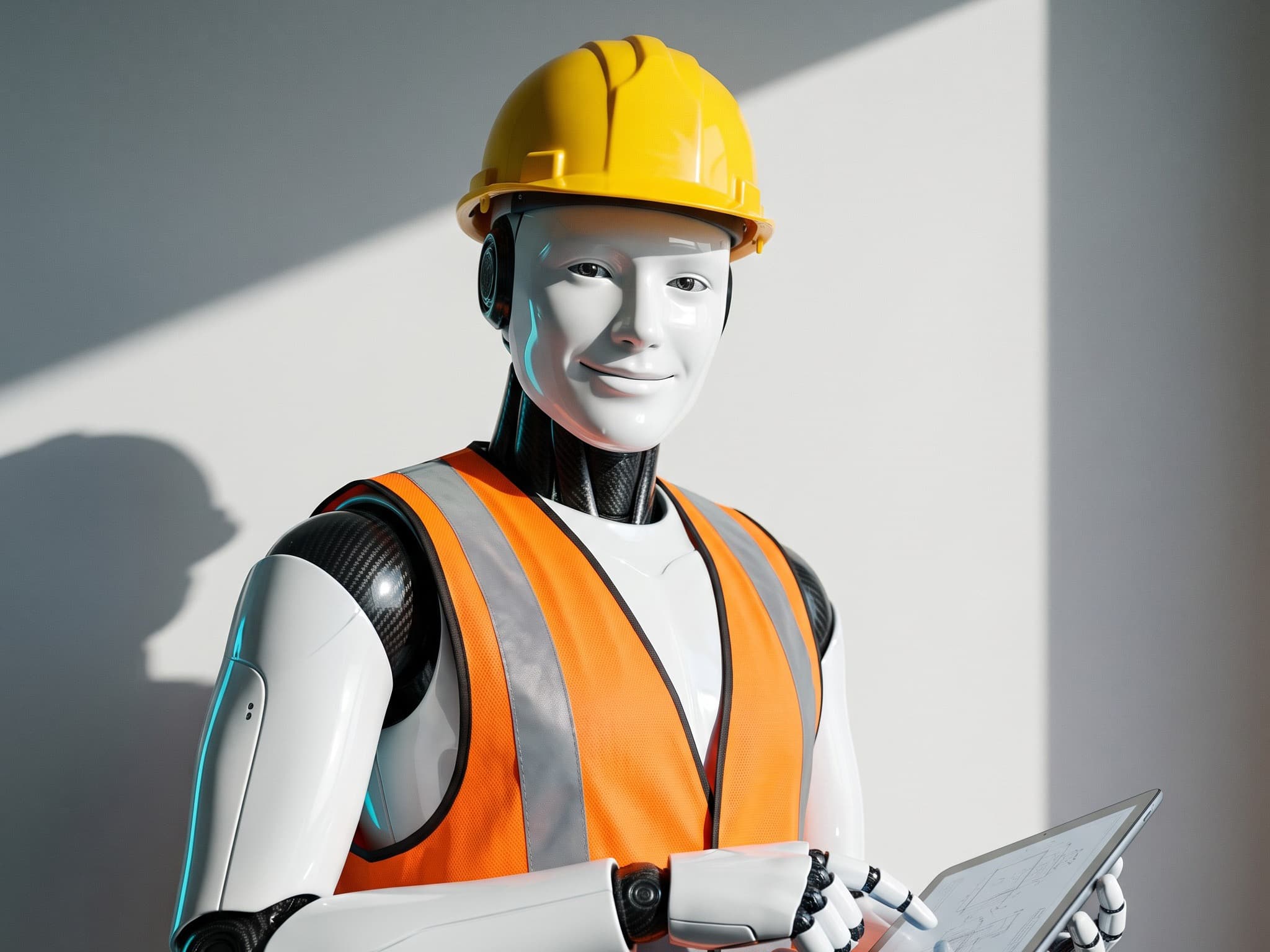 Illustrative 3D render of a robot engineer wearing a safety helmet and hi-vis vest
